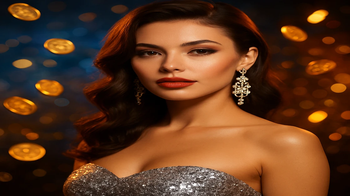 আকর্ষণীয় একজন নারী, ঝলমলে পোশাক পরে, ভাসমান সোনার কয়েন ও আলোকিত ak44 গেমিং প্ল্যাটফর্ম-থিমা পটভূমিতে অবস্থান করছেন।